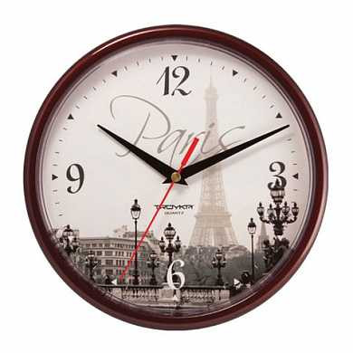 Часы настенные TROYKA 91931927, круг, с рисунком "Paris", коричневая рамка, 23х23х4 см (арт. 452290)
