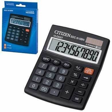 Калькулятор CITIZEN настольный SDC-810BN, 10 разрядов, двойное питание, 124x102 мм (арт. 250212)
