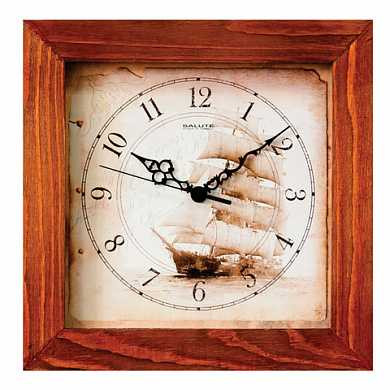 Часы настенные САЛЮТ ДС-2АС28-176, квадрат, с рисунком "Парусник", деревянная рамка, 31х31х4,5 см (арт. 452320)