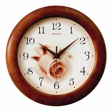 Часы настенные САЛЮТ ДС-ББ28-432, круг, бежевые с рисунком "Роза", деревянная рамка, 31х31х4,5 см (арт. 452328)