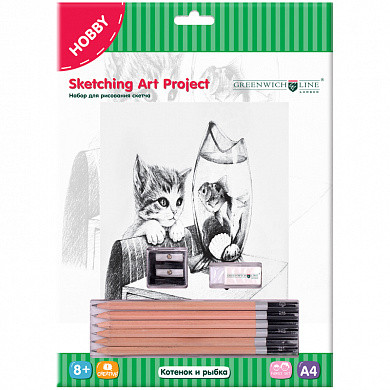 Набор для рисования скетча Greenwich Line "Котенок и рыбка", A4, карандаши, ластик, точилка, картон (арт. SK_14640)
