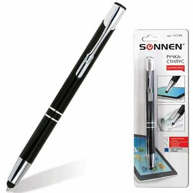 Ручка-стилус SONNEN для смартфонов/планшетов, корпус черный, серебристые детали, 1 мм, блистер, синяя, 141588 (арт. 141588)