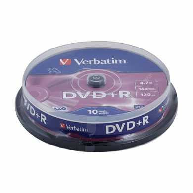 Диск DVD+R (плюс) VERBATIM, 4,7 Gb, 16x, 10 шт., Cake Box, 43498 (арт. 510126)