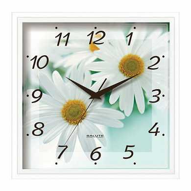 Часы настенные САЛЮТ П-2А7-456, квадрат, белые с рисунком "Ромашки", белая рамка, 28х28х4 см (арт. 452352)