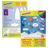 Цветная бумага и цветной картон, А4, мелованные, 8+8 цветов, папка, 200х290 мм, ЮНЛАНДИЯ, 129570 (арт. 129570)