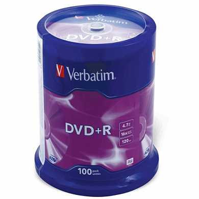 Диск DVD+R (плюс) VERBATIM, 4,7 Gb, 16x, 100 шт., Cake Box, 43551 (арт. 510259)