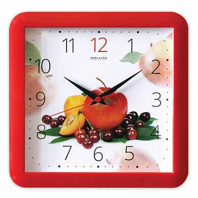 Часы настенные САЛЮТ П-А1-331, квадрат, белые с рисунком "Фрукты", красная рамка, 29,5х30х4 см (арт. 452377)