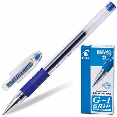 Ручка гелевая PILOT "G-1 Grip", корпус прозрачный, узел 0,5 мм, линия 0,3 мм, резиновый упор, синяя, BLGP-G1-5 (арт. 140200)