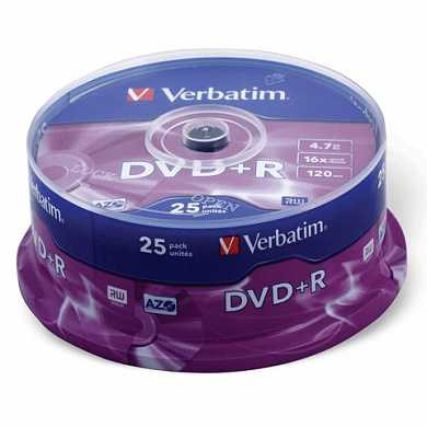 Диск DVD+R (плюс) VERBATIM, 4,7 Gb, 16x, 25 шт., Cake Box, 43500 (арт. 510258)