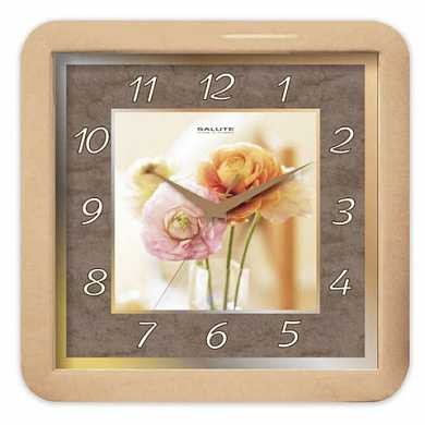 Часы настенные САЛЮТ П-А2.2-390, квадрат, коричневые с рисунком "Цветы", бежевая рамка, 29,5х30х4 см (арт. 452378)