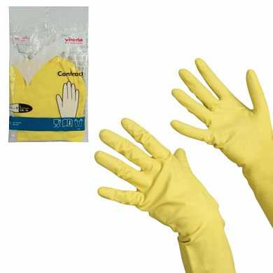 Перчатки хозяйственные резиновые VILEDA "Контракт" с х/б напылением, размер L (большой), желтые, 101018 (арт. 602149)