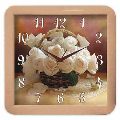 Часы настенные САЛЮТ П-А2.2-404, квадрат,бежевые с рисунком "Корзина роз", бежевая рамка, 29,5х30х4 см (арт. 452379)