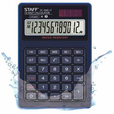 Калькулятор STAFF PLUS настольный DC-3000-12, водонепроницаемый, 12 разрядов, двойное питание, 171x120 мм (арт. 250424)