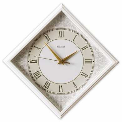 Часы настенные САЛЮТ П-2Е7-422, ромб, белые с рисунком "Классика", белая рамка, 28х28х4 см (арт. 452368)