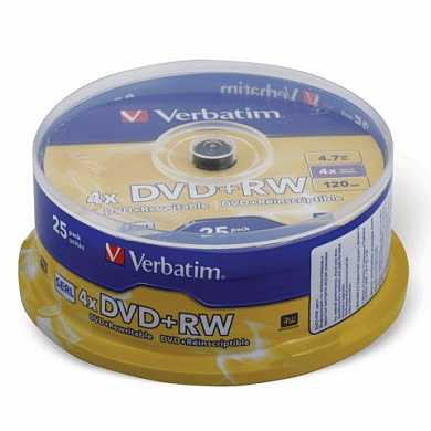 Диск DVD+RW (плюс) VERBATIM, 4,7 Gb, 4x, 25 шт., Cake Box, 43489 (арт. 510260)