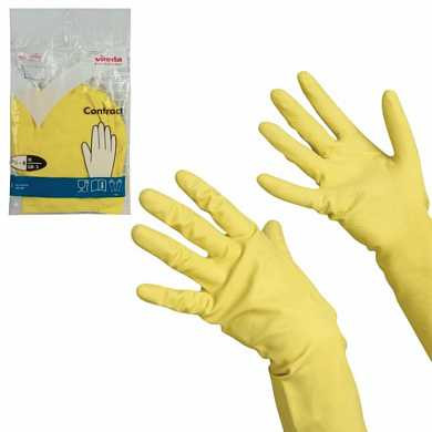 Перчатки хозяйственные резиновые VILEDA "Контракт" с х/б напылением, размер M (средний), желтые, 101017 (арт. 602148)