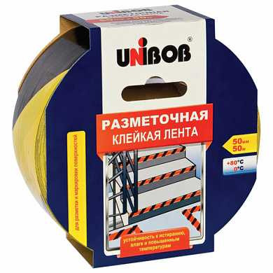 Клейкая лента разметочная 50 мм х 50 м, желто-черная, UNIBOB, основа-ПВХ, европодвес, 48905 (арт. 604162)