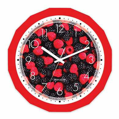 Часы настенные САЛЮТ П-Г1-190, многоугольник, с рисунком "Ягоды", красная рамка, 28х28х4 см (арт. 452402)