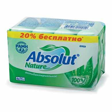 Мыло туалетное 300 г, ABSOLUT (Абсолют), комплект 4 шт. х 75 г, "Алоэ", антибактериальное, 6065 (арт. 600762)