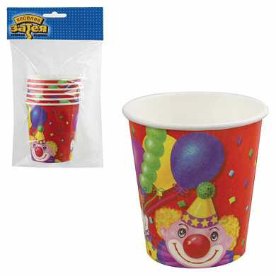 Одноразовые стаканы, AMSCAN, комплект 6 шт., "Клоун с шарами", бумажные, 190 мл, для холодного/горячего, 1502-0464 (арт. 603726)