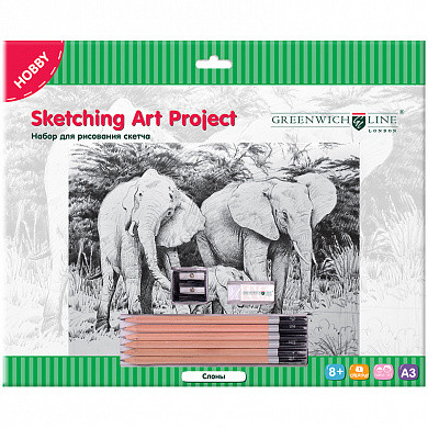 Набор для рисования скетча Greenwich Line "Слоны", A3, карандаши, ластик, точилка, картон (арт. SK_14612)