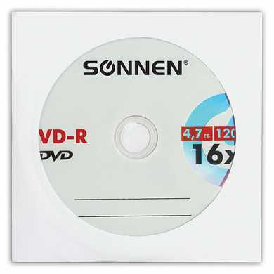 Диск DVD-R SONNEN, 4,7 Gb, 16x, бумажный конверт (1 штука), 512576 (арт. 512576)