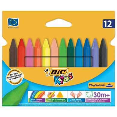 Мелки пластиковые утолщенные BIC "Plastidecor", 12 цветов, трехгранные, картонная упаковка, подвес, 829773 (арт. 225018)