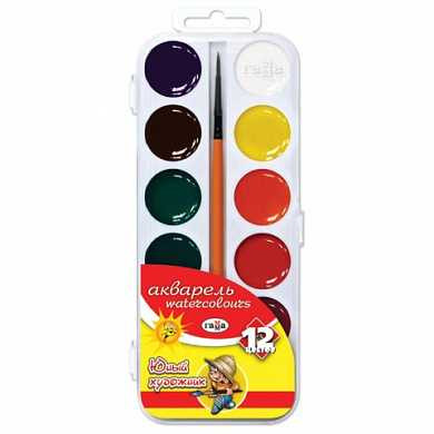 Краски акварельные ГАММА "Юный художник", 12 цветов, медовые, с кистью, пластиковая коробка, 212070 (арт. 190824)